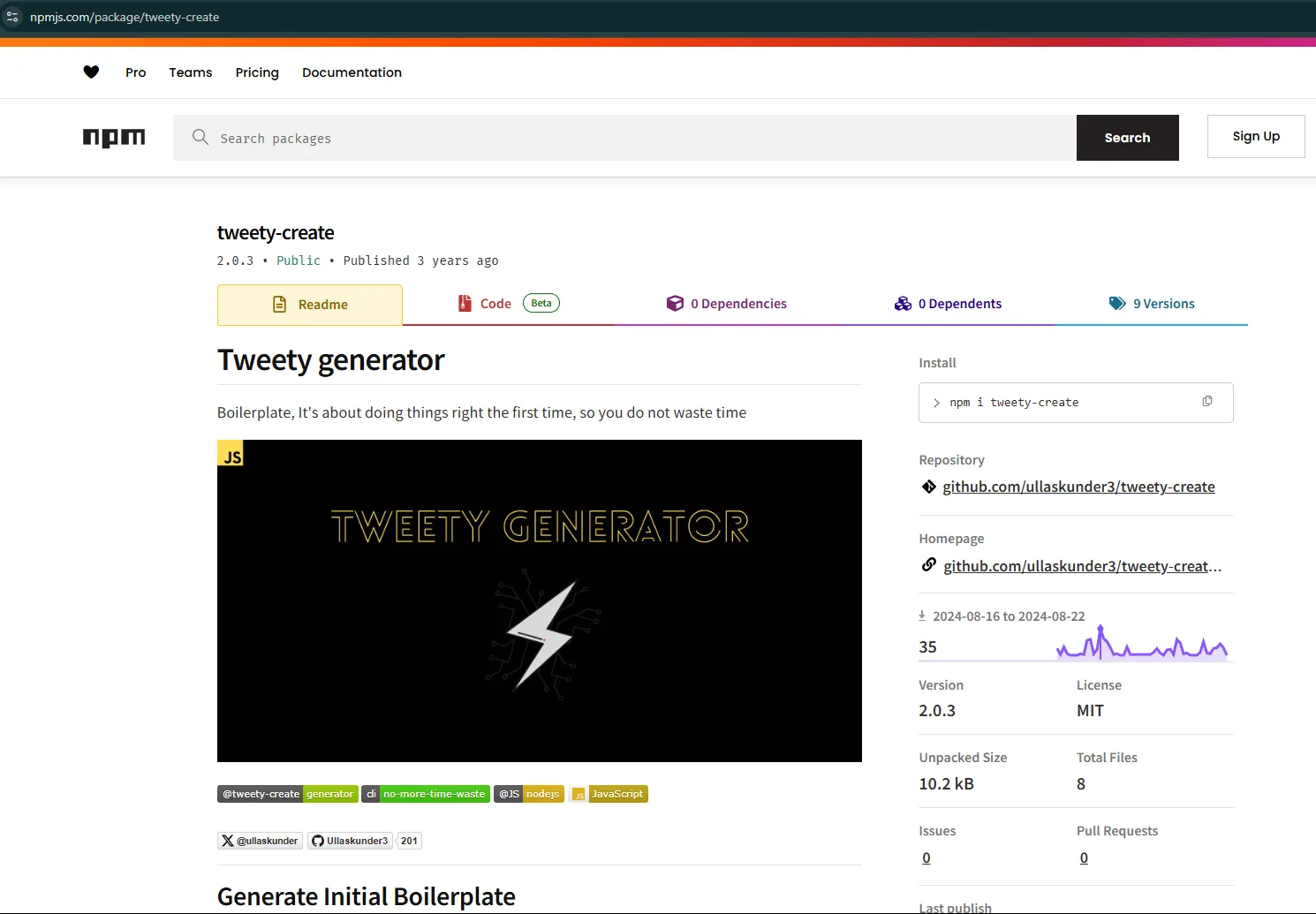 Tweety-create package published on npm